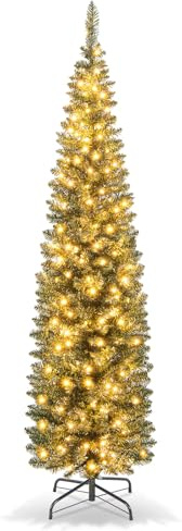COSTWAY 180cm Árbol de Navidad Artificial, 180 Luces LED Blancas Cálidas, Árbol de Navidad Preiluminado de Lápiz, 390 Puntas de Rama de PE, Soporte de Metal Plegable, Navidad Decoración (180cm)