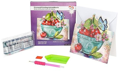 Ideen mit Herz Tarjeta de pintura de diamantes, 370 g/m², 16,3 x 16 cm, incluye sobre y herramientas (cuenco con cerezas)