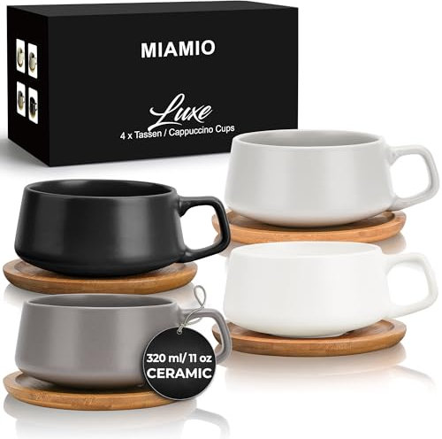 MIAMIO – 320 ml, Set of 4 Ceramic Tea Cup and Saucer Bamboo/Tea Mug - Wide Cappuccino Cup, Coffee Cups Ceramic Mug for Cappuccino, Latte, Espresso & Americano - Luxe Collection (Classic Pastel)