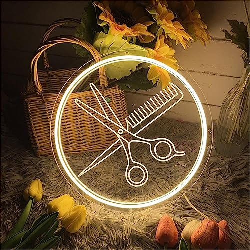 FINOTI insegna Neon Parrucchieri Segno Luce Neon LED Forbice per Taglio Capelli Neon Incisione 3D Il Pettine Forbici Barbiere Illumina Segno Segno Principale Luminoso Negozio Barbiere,B,30x30cm