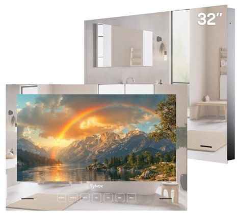 SYLVOX 32 Pouces Smart TV Étanche IP65, Téléviseur Miroir pour Salle de Bain | 12V Google TV 1080P, 500 nits|Télécommande Vocale DVB-T/S2/T2|Design Encastré pour Salles de Bains, Hôtels, Saunas