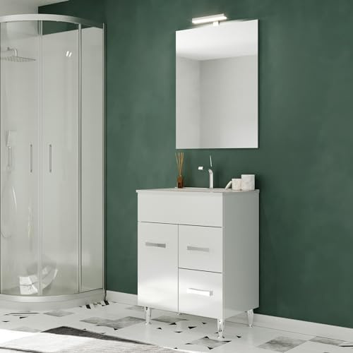 SANIVERRE Madrid Meuble Salle de Bain sur Pieds Simple Vasque Blanc Largeur 60 cm + Miroir