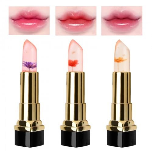 3 StüCk Kristall Blumengelee Lippenstift Set, Farbwechselnder mit Temperaturwechsel, 24 Stunden Halt NatüRlich Pflegend Lipgloss MäDchen