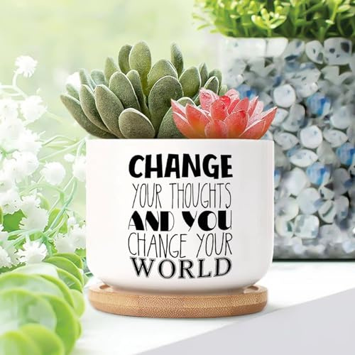 Cambie sus pensamientos y cambie su mundo, macetas de cerámica con frases para plantas de interior con agujeros de drenaje y platillos para decoración del hogar y la oficina