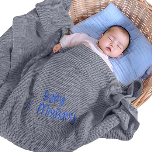 REQTYUI Coperte personalizzate per neonati: le coperte lavorate a maglia con nome ricamato personalizzato sono il regalo per neonati, neonati e bambine