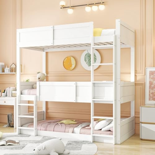 Dolamaní Etagenbett 3 Kinder 90x200 cm, Kinderbett mit hohes Rausfallschutz teilbar 2 Niedriges Hochbett, Holzbett (Weiß)