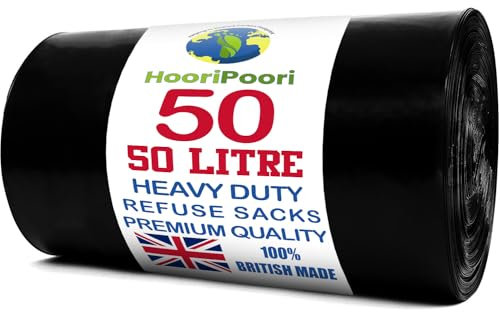 HooriPoori 50L 50 Bin Bags Heavy Duty Bin Liners, Black Plastic Refuse Sacks large Garbage Waste Dustbin Bags for Kitchen Home Office DIY Garden from 100% Recycled Material