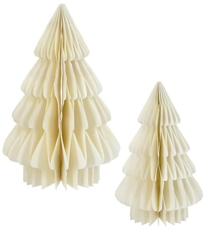 Spetebo Papier Tannenbaum Aufsteller 2er Set 30 cm / 20 cm - Creme - Tisch Deko Weihnachtsbaum zum Aufstellen - Dekoaufsteller für Weihnachten Advent Winter Fenster Dekoration