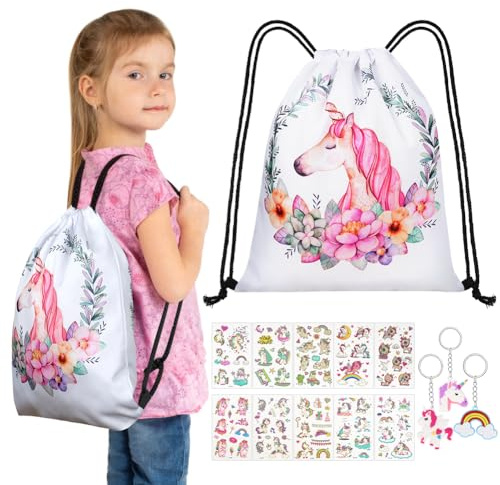 URAQT Turnbeutel mit Kordelzug – 14-teiliges Kinder-Schwimmtaschen-Set mit Einhorn-Schlüsselanhänger und Tattoo-Aufkleber, Sporttasche für Mädchen, Blumen-Einhorn, 37 * 33 cm