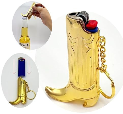Cowboy Boot Lighter Case and Bottle Opener Keychain Ring For by HMC Gold, Silver, Antique Copper Vintage Style (Gold)