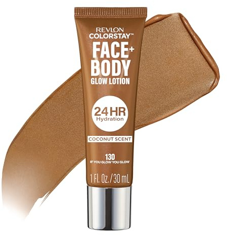 Revlon ColorStay Face & Body Glow Lotion, Loción hidratante bronceadora para rostro y cuerpo, 24h de hidratación, iluminador facial, 130 If You Glow You Glow