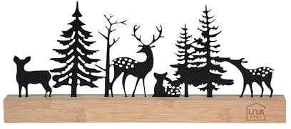 UNUS Wald-Silhouette Aufsteller Herbst-, Winter- und Weihnachtsdeko | mit Hirschen, Rehen und Tannenbäumen auf Bambusholzsockel, Schwarz
