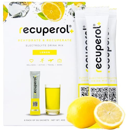 Recuperol - Hydration Drink Mix, Lemon, Pack of 8 - Electrolyte Powder for Rehydration & Recovery - with Zinc, Vitamin C, B12, D3 & Potassium - Vegan, Sugar Free & Low Calorie