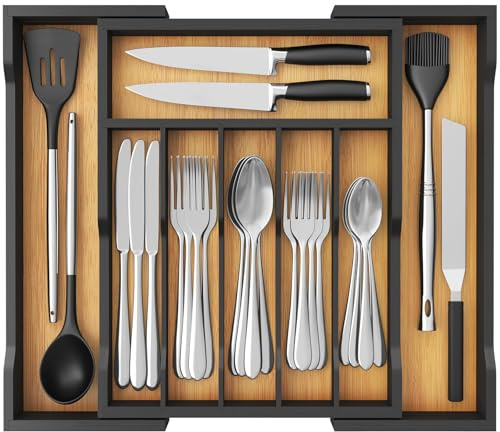 Lifewit Cutlery Drawer Organiser, Extendable Cutlery Tray for Kitchen Drawers Insert, Wood Utensil Holder Adjustable Storage for Spoons Forks Knives, 33-57x38cm, Natural&Black