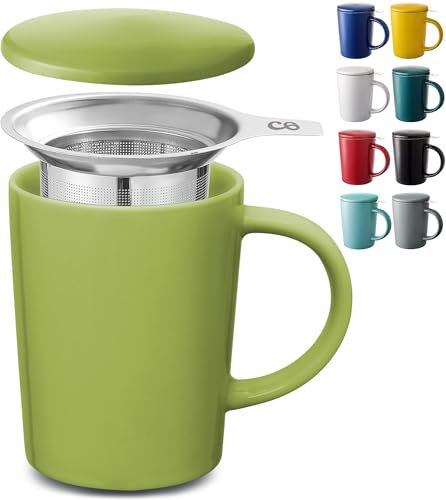 Cosumy Tazza di Ceramica con Filtro e Coperchio - 400ml Grande - Con Manico - Lavabile in Lavastoviglie - Per Tè e Infusi (Verde Matcha)