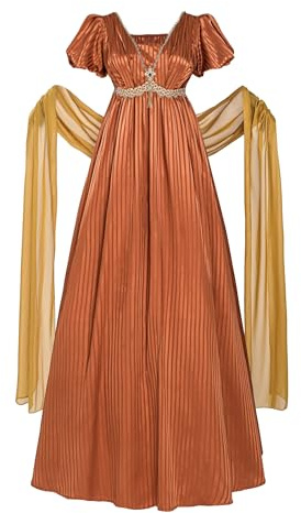 Fiamll Regency Jane Austen Robe pour femme Taille Empire Renaissance avec écharpe Robe de cocktail de soirée, Orange, L
