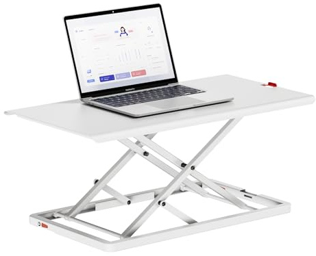 flachezo Höhenverstellbarer Schreibtischaufsatz & Laptopständer, 2-in-1 für Sitzen & Stehen, Ultraflach 2,8 cm, Klappbar, Ergonomische Schreibtisch Erhöhung aus Vollmetall fürs Home Office, Weiß