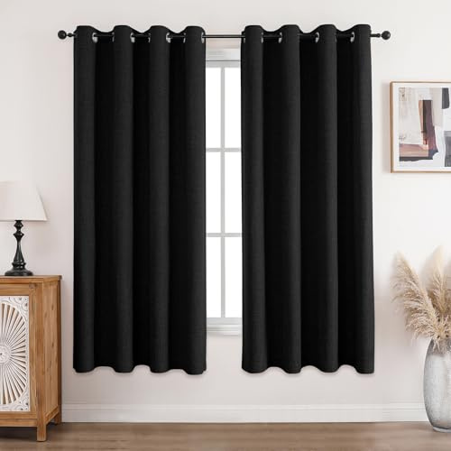 CUCRAF Vorhang 100% Blickdicht Leinen Gardinen mit Ösen Verdunklungsvorhänge Gardinen Schwarz H175 x B140 cm 2er Set, Thermovorhang Kälteschutz Schallschutz Vorhang für Wohnzimmer Schlafzimmer