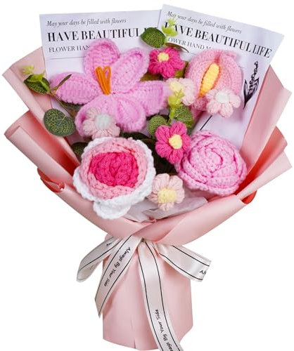 janeunique Crochet Flowers Bouquet Knitted Flower Bouquet for Anniversary Graduation Home Decoration wedding (Pink)