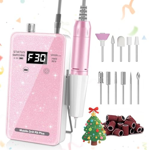 NEMEIR Ponceuse pour Ongles Portable Professionnelle 30000 RPM, Look pailleté unique,Ponceuse ongle avec boutons tactiles et écran LCD,pour Enlever et Polir le Gel Acrylique Ongles
