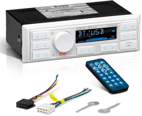 KIT SET PER BOSS AUDIO SYSTEMS MR500UAB stereo marino 1 din, digital media, ricevitore am/fm, stereo, usb/mp3/wma, con bluetooth, per barca, mare, 1 pezzo + accessori di montaggio