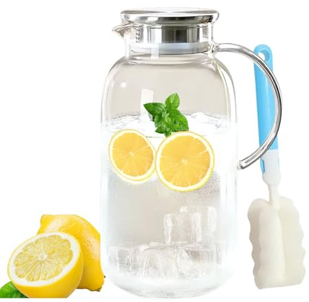 Choisonye 2.6 Liter 85oz Glass Pitcher with Lid, Easy Clean Heat Resistant water jug with Handle for Hot/Cold Beverages - Water, Cold Brew, Iced Tea & Juice（with Cup Brush）