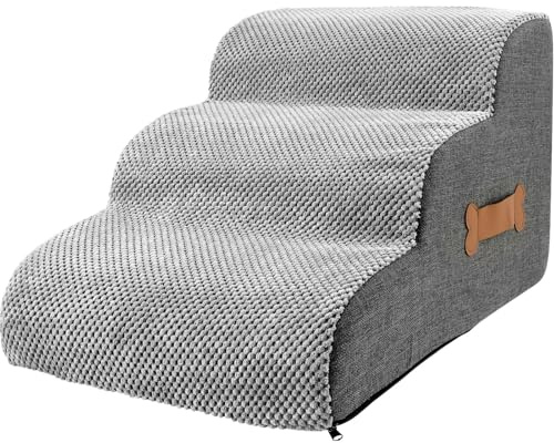 Hundetreppe für Kleine Hunde mit Waschbarem Bezug und Rutschfestem Boden 55x34x40cm Haustiertreppe Treppe 3 Stufen Abnehmbarem Hunderampe für Bett Sofa (Grau, Klein, 3)