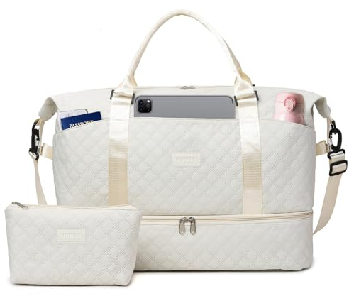 Outplea 50 L stor duffelväska för resor med skofack för kvinnor, handbagage över natten weekendväskor med våt ficka, sjukhuspaket med liten toalettväska, Vitt, 50l, Duffel ryggsäckar