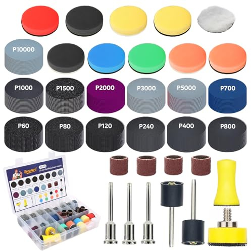 Seconero 297 Pezzi Dischi Abrasivi 25mm Kit Lucidatura Carta Vetrata per Levigatrice Bagnati e Asciutti, Platorello per Trapano a Batteria, Grana 60-10000 per Legno, Resina, Gioielli, Vetro e Auto