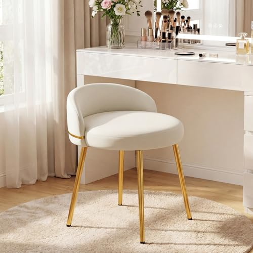 Hellove Schminktisch Hocker Cute mit Gold Metallbeinen, Sitzhocker Moderne Rund Schminkhocker, Leder Makeup-Hocker, Schminktisch Stuhl mit Gebogene Lehne für Esszimmer, Schlafzimmer, Wohnzimmer, Weiß