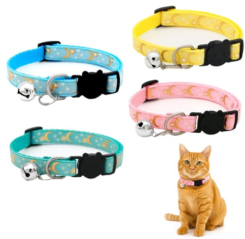 ARYIMYDP 4 piezas Collar Gato con Cierre de Seguridad, Patrón de Luna y Estrella, Reflectante Ajustable Collar Gato con Campana, Amarillo, Azul, Verde, Rosa