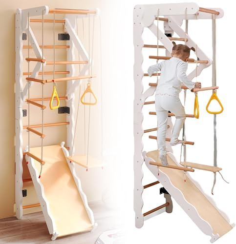 SHAIRMB Andamio De Escalada De Madera para Interiores, Escalera De Madera para Pared, Barras De Ejercicio para NiñOs, Espaldera, TobogáN Infantil, Escalera De Cuerda, Columpio,Natürlich