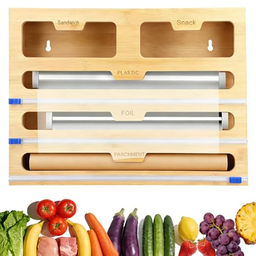 Cling Film Dispenser and Cutter, 5-in-1 Tin Foil Dispenser and Cutter 40cm Kitchen Roll Foil Organiser Storage for Aluminum Foil Cling Film Wax Paper