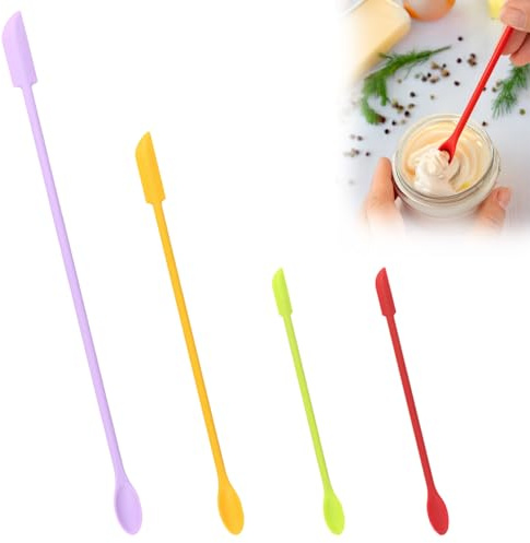 Bamyli 4 Pcs mini Silicone Spatula Set, Small Silicone Spatula for Makeup and Kitchen, Colorful Food Grade Scraper, Heat Resistant Long Handle Tool for Narrow Bottles