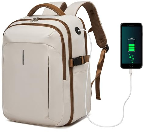 KONO Ryanair Handgepäck Rucksack 40x30x20, 24 L für Flugreisen, Beige/Braun | Separates 15,6-Zoll-Laptopfach, wasserdichte Innentasche und viele Fächer halten Technik, Kleidung und Zubehör gut geordnet