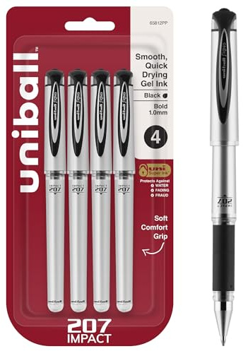 uni-ball Signo 207 Impact Stick Gel Pen, 4 Black Pens, 1.0mm Bold Point Gel Pens, Smooth Writing, Archival-Quality Ink, Acid-Free, Superior Comfort