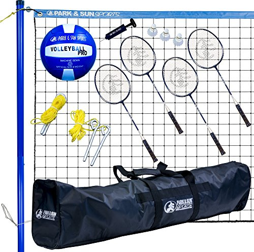 Park & Sun Sports Volley Sport Combo Set: Tragbares Outdoor Badminton/Volleyball Netz System, Blau