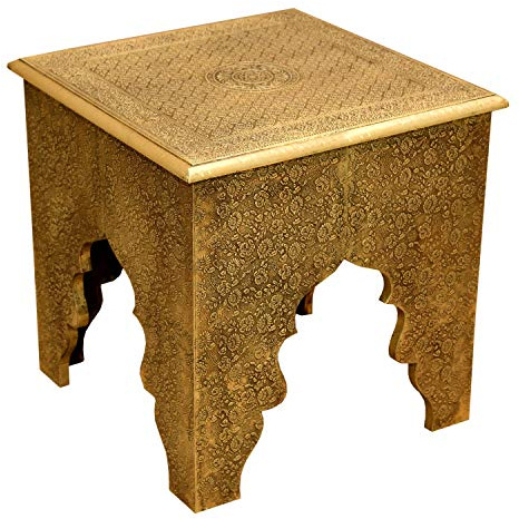 Casa Moro Orientalischer Beistelltisch Ilias Höhe 46 Ø 46 cm mit filigranen Messingintarsien komplett Verkleidet im Antik-Gold Look | Vintage Couchtisch Sofatisch | MA78-36