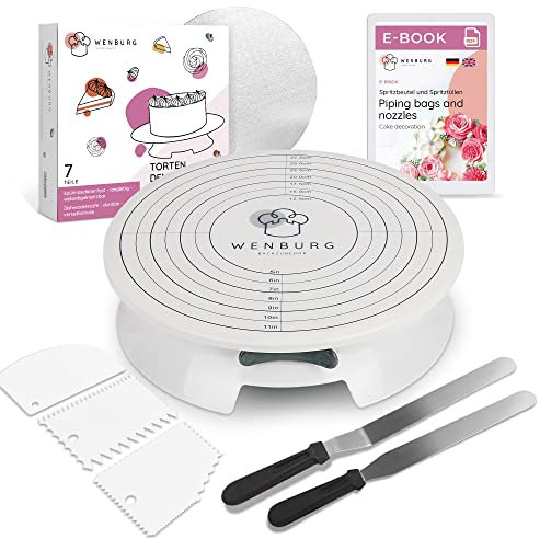 Wenburg Facile da Usare Piatto girevole per torte - Set Decorazioni Torte - Palette Angolari, Raschietto da Pasticceria, Base per Torte, e-book - Qualità Affidabile (Piatti per Torte Set Chef)