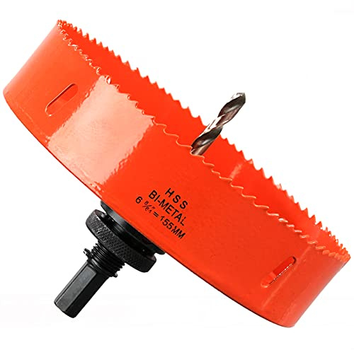 Lochsäge 155mm, Schnellarbeitsstahl HSS M42 Bi-Metall Lochsäge, Lochfräser mit Sechskant-Schaft und Bohrer für Holz, Trockenbau und Metallblech 1 Stück Orange