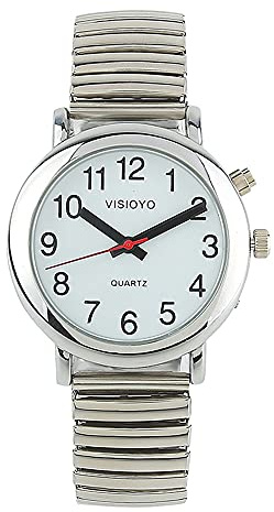 VISIONU Montre Parlante Analogique avec Alarme Annonce de l'heure et Date en Français pour Aveugle et Les Personnes Malvoyant, Couleur Argent, Bracelet Extensible TUF-S201F
