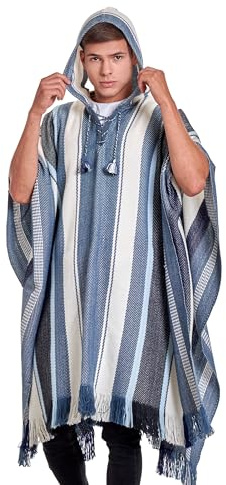 INTI ALPACA Alpaca Hooded Poncho for Men and Women for Winter Season - Cloak Cape - House Coat (Blue Tones Stripes)