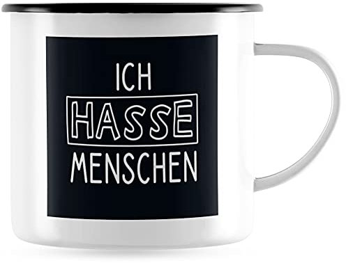 JUNIWORDS Emaille-Tasse, Ich Hasse Menschen, schwarz, Schwarzer Tassenrand