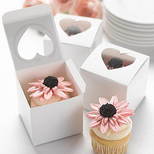 Crysdaralovebi 100 Stück Papierbox mit Sichtfenster, weiß, Kraftpapier, Geschenkbox, Kuchen-Dragees, Verpackung für Hochzeit, Zuhause, Party, Muffin (7.5 x7.5 x 7.5 cm)