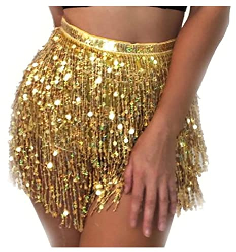 Andelaisi Boho Sequin Tassel Hip Scarf - Glitter Dance Skirt With Fringe for Belly Dancing, Rave, Cosplay Festival - Sparkly Jewelry for Women and Girls (Gold)