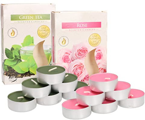 KOTARBAU® 2 paquetes de 6 x Velas de té, Velas aromáticas, Velas con aroma a Rosa + Té verde, 4 horas de combustión, Velas de té pequeñas, Velas de te, 12 unidades
