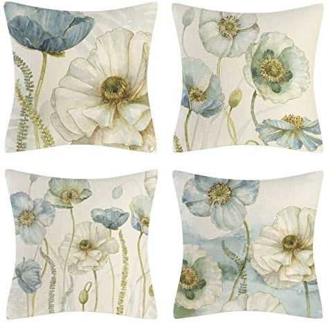 OCEUMACO Leinen Kissenbezug 40x40 Blumen Muster Kissenhülle 4er Set Quadratisch Sofakissen Dekokissen Bezug für Couch Sofa Kissen Kissenbezüge Outdoor Deko Zierkissen Couchkissen - Blau Beige