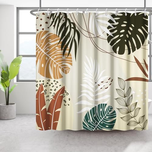 Bovlleetd 152x183cm Cortina de Baño Boho Botánica Cortina de Ducha de Plantas Abstracta Impermeable Acuarela de Medio Siglo Tropical Cortinas de Ducha de Plantas Lavables para Bañera