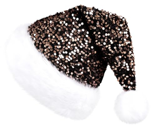 KONVINIT Weihnachtsmütze Erwachsene Nikolausmütze Weihnachtsmann Mütz mit Glänzende Pailletten und Plüsch Rand für Christbaumspitze Festliche Weihnachtsfeier Tannenbaum,schwarz