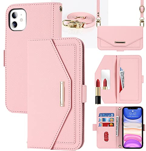 CAVOR Handykette Handyhülle kompatibel mit iPhone 11 Hülle Mit Band,Flip Leder Geldbörse Handyhülle,[Spiegel][5 Kartenfach][Magnetisch],Klapphülle Handytasche zum umhängen - Rosa